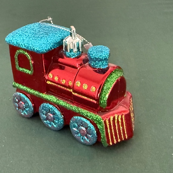 Von Maur Christmas Ornament Train Locomotive Glitter Blown Glass 3" x 4" x 1.5" - Picture 1 of 8